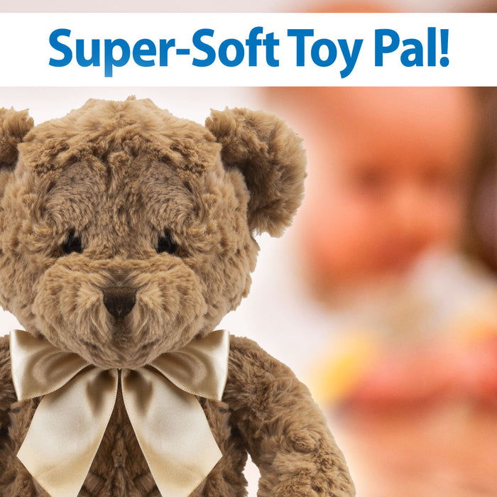 Kingsley 34cm Brown Bear Plush with Gold Silk Bow Premium Fluffy Toy