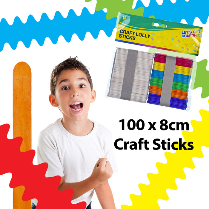 Multi-Coloured Wooden Lolly Sticks Assorted Craft Art Activity (100 Pack)